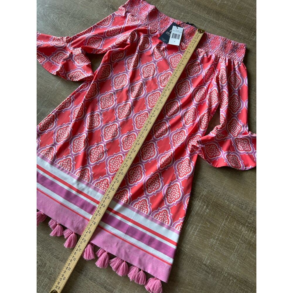 Cabana Life NWT Coral Geo Off Shoulder Tunic Dress Tassel Hem UPF 50 Beach M - Picture 5 of 12